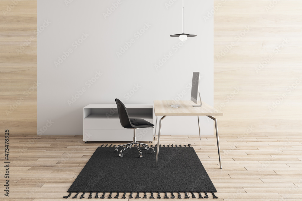 Poster modern minimalistic wooden office interior with empty mock up place on wall, workplace, carpet, furn