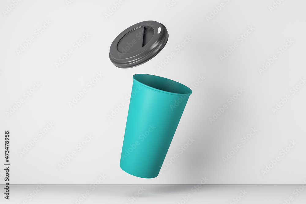 Poster blank black and blue take away coffee cup on white background and concrete surface. advertisement an
