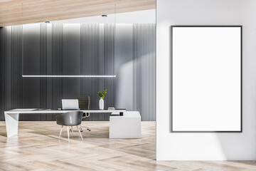 Modern wooden designer office interior with clean white mock up poster on wall, furniture, window with panoramic city view. 3D Rendering.