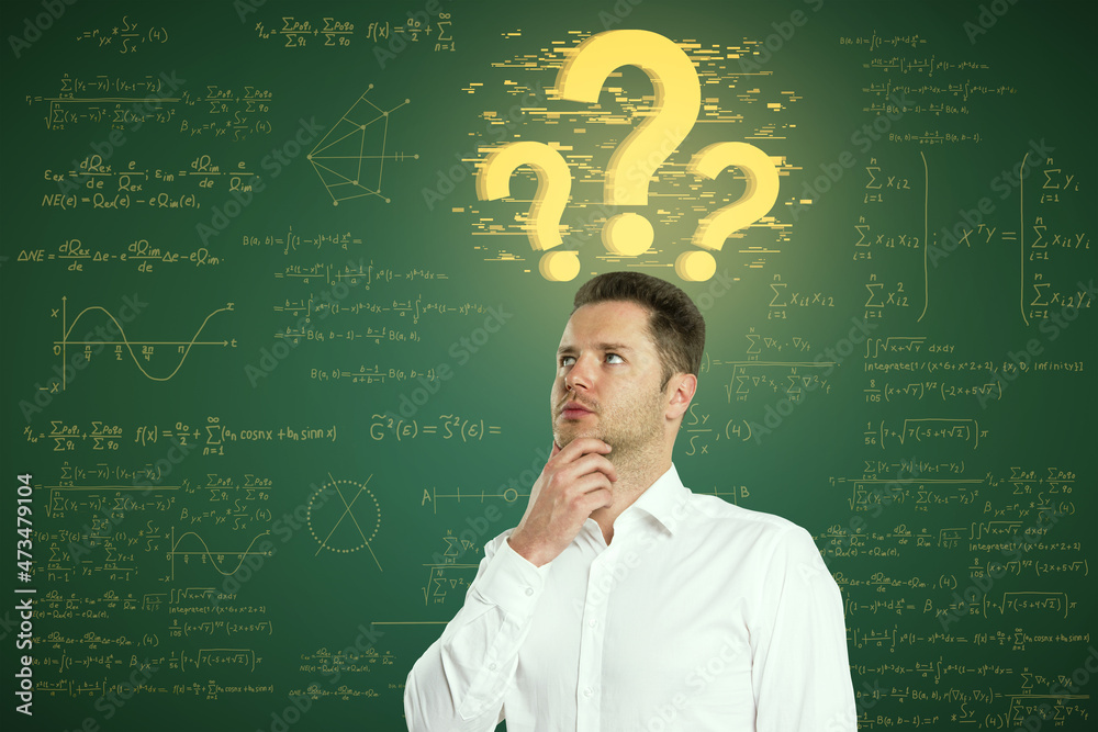 Poster attractive young caucasian businessperson with glowing question marks on digital background. faq and