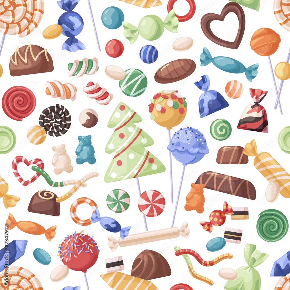 Poster Seamless candies pattern. Endless background design with repeating sweets print. Confectionery texture with lollipops, sugar swirls and caramels. Colored flat vector illustration for wrapping