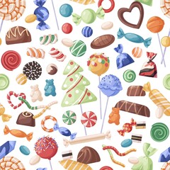 Seamless candies pattern. Endless background design with repeating sweets print. Confectionery texture with lollipops, sugar swirls and caramels. Colored flat vector illustration for wrapping