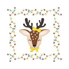 Cute deer in children style with festive decorations for Holiday, New Year and Christmas. Funny animals with bow and frame made of festive garlands with lights. Vector flat illustration