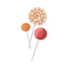 Swirl lollipop and lolly candies on sticks. Sweet spiral lollypop, round roll pops and caramel suckers composition. Twisted and ball confection. Flat vector illustration isolated on white background