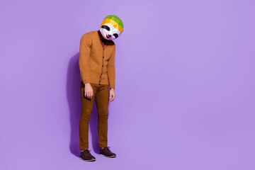 Full length photo of unsatisfied red panda head person head down bad mood isolated on purple color...