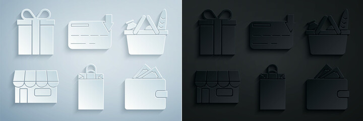 Set Paper shopping bag, Shopping basket and food, building or market store, Wallet with stacks paper money cash, Credit card and Gift box icon. Vector