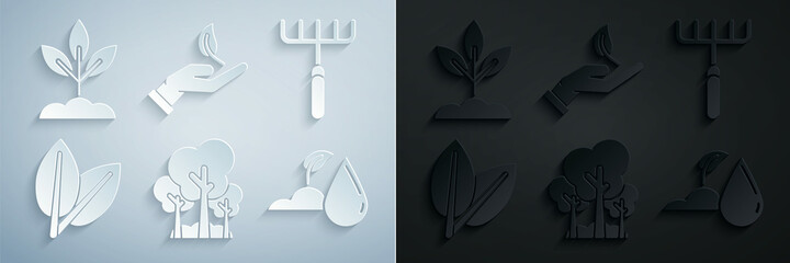 Set Trees, Garden rake, Leafs, Watering sprout, Sprout hand of environmental protection and Plant icon. Vector