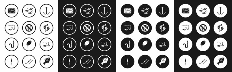 Set Fishing hook, No fishing, under water with, Calendar, and and worm icon. Vector