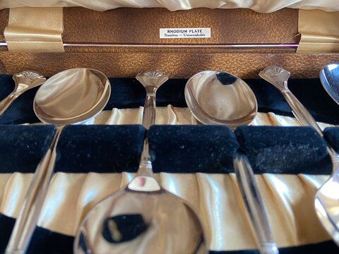 rhodium plate stamped on 1940s cutlery handle rhodium first used in 1930s for cutlery sets, rhodium is used in plating jewellery still