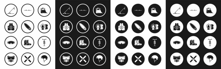 Set Bicycle on street ramp, Surfboard, Life jacket, Skateboard, Diving mask and aqualung, Snowboard, and Ski goggles icon. Vector