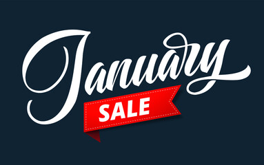 January Sale typography poster graphic design. Handwritten hello January text, greeting card social media post template with lettering, brush stroke curve. Vector Illustration, black background