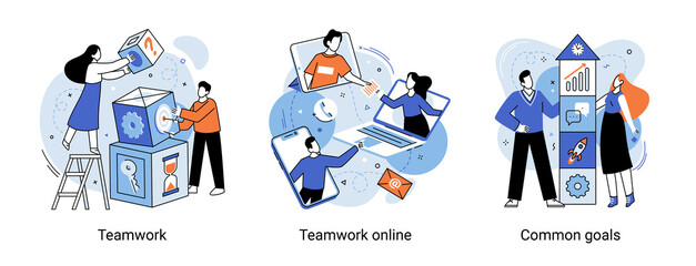 Teamwork online, common goals scenes set. Business meeting successful teamwork concept. Businessman and woman characters communicating via internet, collaborating, brainstorming, discussion idea