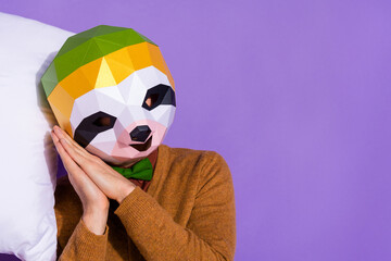 Photo of young man sleepy enjoy dreamy sleepover weird red panda isolated over purple color background © deagreez