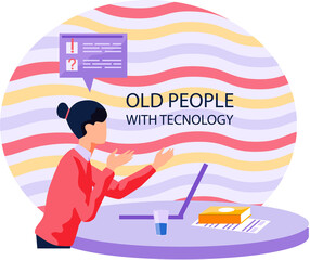 Old woman working on computer at home. Online education, web courses, modern technologies and old age concept. Lady sitting at table with laptop browsing internet looking for information in network