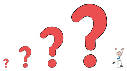 Stickman businessman is trying to escape from ever-growing question marks and problems, hand drawn outline cartoon vector illustration