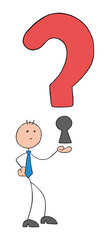 Stickman businessman holding question mark with keyhole, hand drawn outline cartoon vector illustration