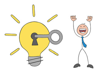 Stickman businessman unlocks the light bulb and is very happy, hand drawn outline cartoon vector illustration