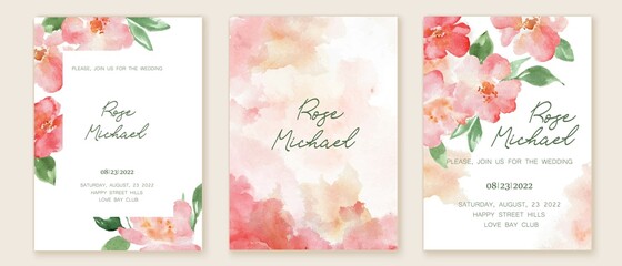 Set of elegant, romantic wedding cards, covers, invitations with pink, blush flowers. Watercolor blossoms, green leaves