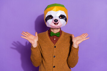 Photo of young man impressed mardi gras event creative reaction red panda isolated over purple color background © deagreez