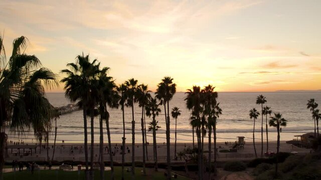 Palm Trees And People At The Beach On The Coastal City Of San Clemente In Orange County, California At Golden Hour Sunset. wide aerial