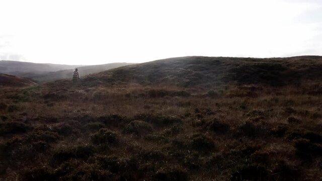 AERIAL - Person and dog walking through Back mountain in Kintyre Peninsula, Scotland