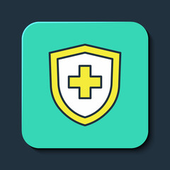 Filled outline Life insurance with shield icon isolated on blue background. Security, safety, protection, protect concept. Turquoise square button. Vector