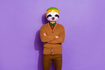 Photo of young man confident crossed hands wear modern clothes red panda isolated over violet color background © deagreez