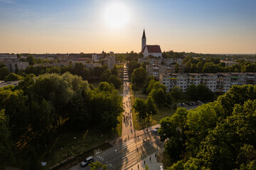 Fototapeta premium Aerial summer evening sunset view in sunny city Šiauliai