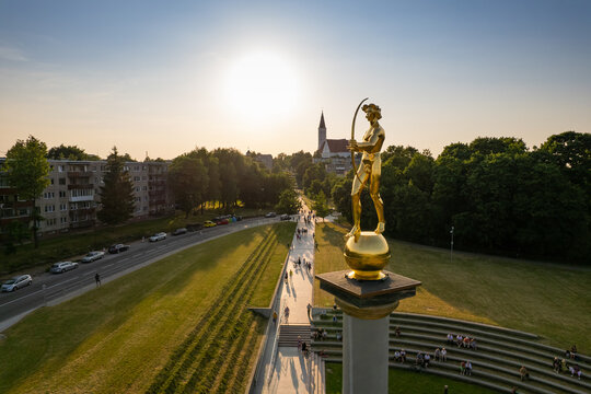 Aerial summer evening sunset view in sunny city &Scaron;iauliai