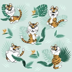 Seamless pattern with cute tiger cub on a background with tropical green leaves, a symbol of the new 2022. Vector illustration for banner, postcard, textile, wallpaper
