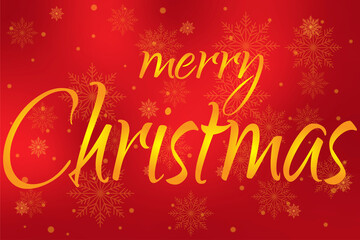 Yellow inscription merry christmas on red bright background with bokeh lights effect and snowflakes
