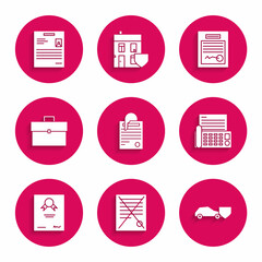 Set File document and paper clip, Delete file, Car with shield, Fax machine, Certificate template, Briefcase, Filled form and Personal icon. Vector