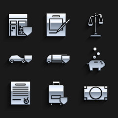 Set Delivery cargo truck with shield, Stacks paper money cash, Piggy bank coin, Confirmed document and check mark, Car, Scales of justice and Shopping building icon. Vector