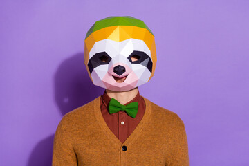 Photo of young guy wear mask incognito show performance wear modern outfit red panda isolated over purple color background © deagreez
