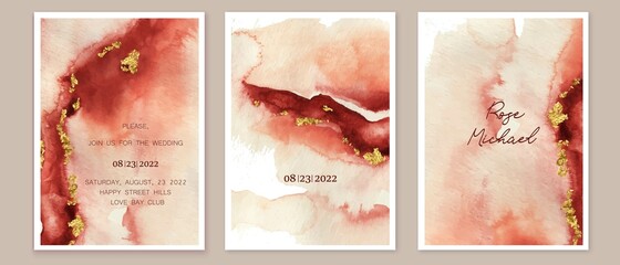 Warm colors, red, pink, terracotta watercolor background. Marble, ink imitation with golden foil texture.