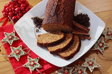 Pain d’epices, traditional homemade french festive cake with various spice. French cake with honey, cinnamon, ginger, cloves, star anise