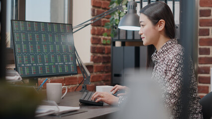 Close up of employee analyzing stock market statistics on computer. Business woman wokring on...