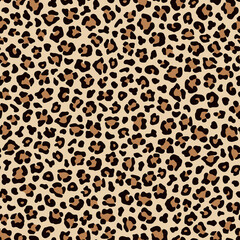 Leopard beige brown spotty fur seamless pattern. Vector - obrazy, fototapety, plakaty