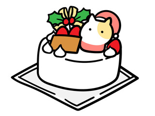 ねこサンタが乗ったかわいい手書き風クリスマスケーキのイラスト