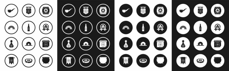 Set Wooden barrel with four leaf clover, Beer bottle, Rainbow, Smoking pipe, Medal, Street signboard, Saint Patricks day calendar and Money bag icon. Vector