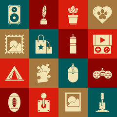 Set Shovel in the ground, Gamepad, Portable video game console, Flowers pot, Paper shopping bag, Picture landscape, Stereo speaker and Fitness shaker icon. Vector