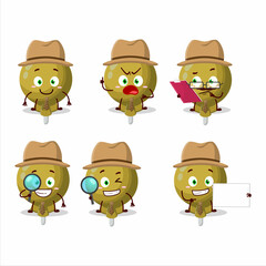 Detective yellow lolipop wrapped cute cartoon character holding magnifying glass