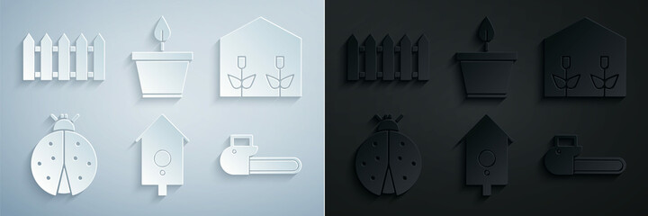 Set Retro wall watch, Home greenhouse and plants, Ladybug, Chainsaw, Plant pot and Garden fence wooden icon. Vector © Oksana