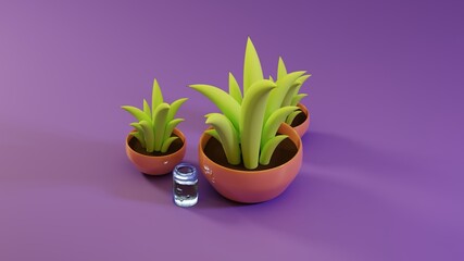 Potted green household plants with curved green leaves and a glass of water against a purple background