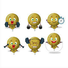 A healthy yellow lolipop wrapped cartoon style trying some tools on Fitness center