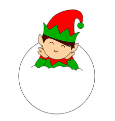 Cute elf in white circle of snow. Merry christmas, vector illustration.