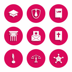 Set The arrest warrant, Scales of justice, Hexagram sheriff, Holy bible book, Feather and inkwell, Law pillar, and Graduation cap icon. Vector