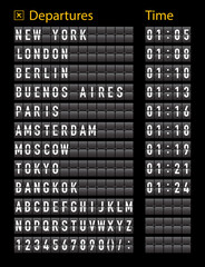 Airport timetable. Airport board for departure and arrive. Information of flight. Font on display panel. Destination on scoreboard. Timetable on terminal. Realistic alphabet with schedule. Vector