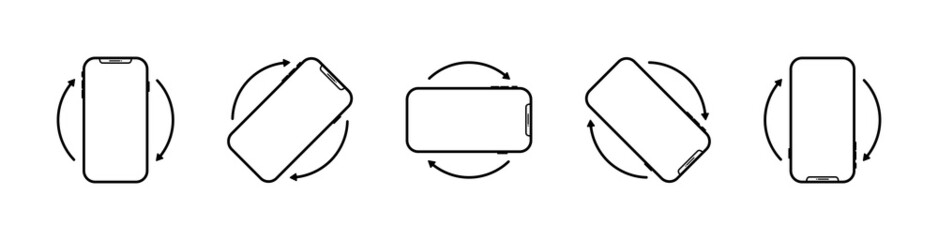 Rotate phone. Icons of rotate of mobile phones. Flip smartphone. Pictogram of turn of device on 360. Screen of cellphone for app. Vertical or horizontal rotation and orientation. Vector