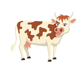 Cartoon cow. Cute animal with udder for milk. Happy character in farm. Funny cow say moo. Isolated on white background. Cartoon icon of cattle. Young livestock for farming. Toy of baby. Vector